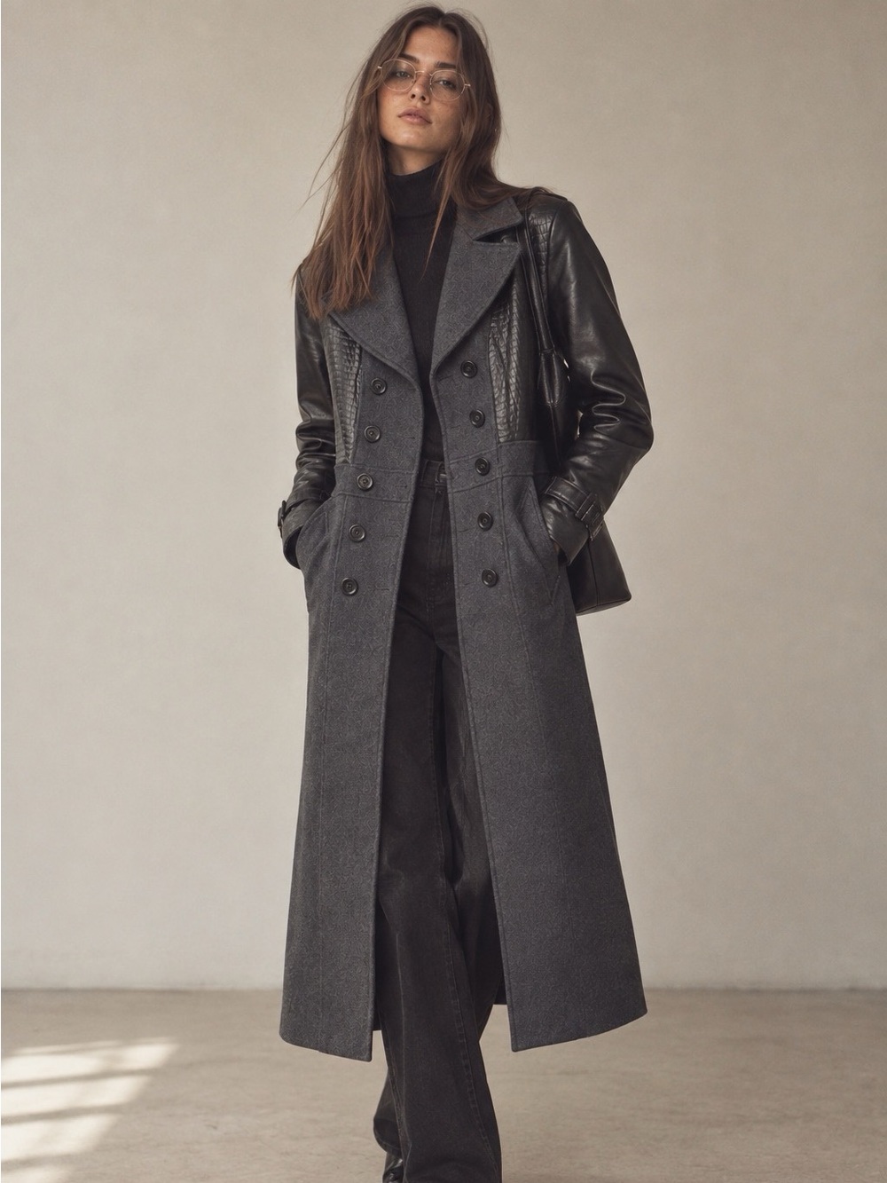Vintage Danier Two-Tone Long Leather and Wool Trench Coat in Dark Gray and Black